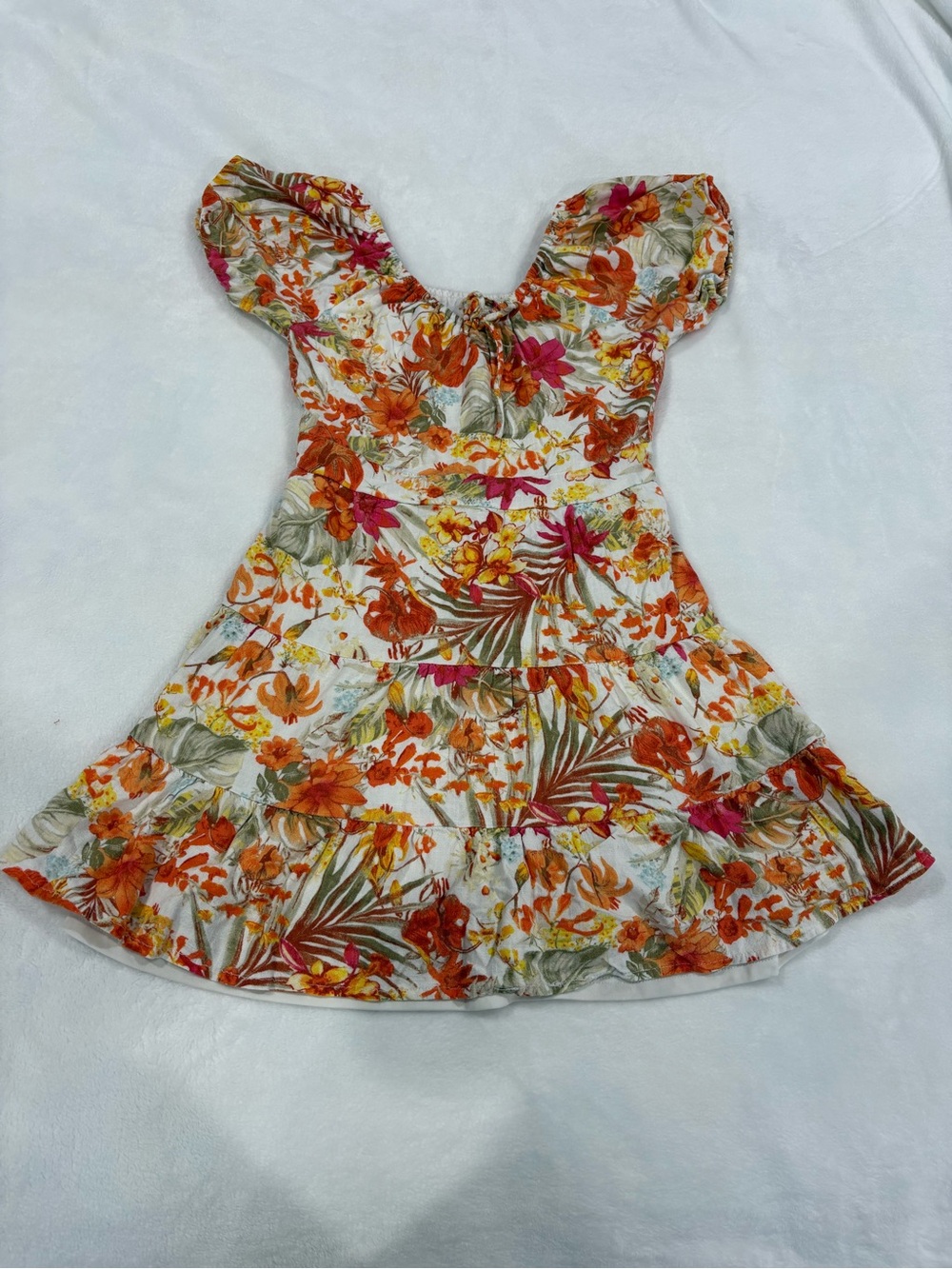 Chelsea & Violet White Floral Tiered Dress with Orange & Pink